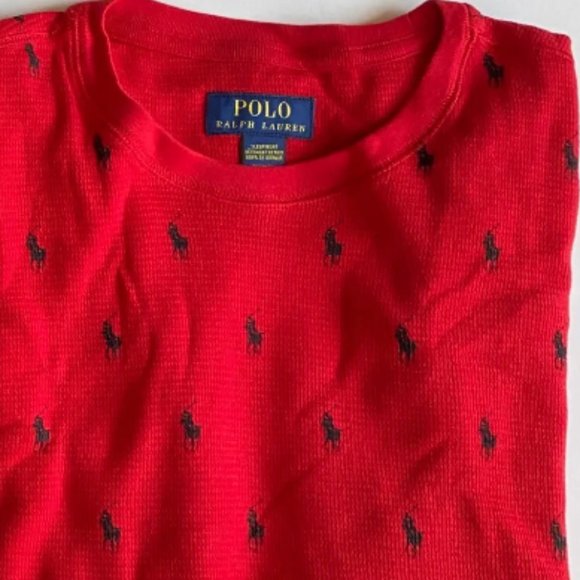 Polo Ralph Lauren Allover Pony Thermal Waffle Knit Long Sleeve Shirt Red - Picture 2 of 2